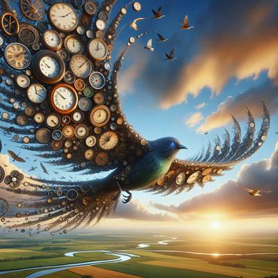 The primary subject of the image is a bird, which is the main focus of the scene. The bird is surrounded by a multitude of clocks, creating a visually striking and unique composition. The setting is a cloudy sky, which serves as the backdrop for the bird and the clocks. The visual style of the image is digital art, as it is a well-crafted and detailed illustration. The colors and mood of the image are predominantly dark and moody, with the bird and clocks being the